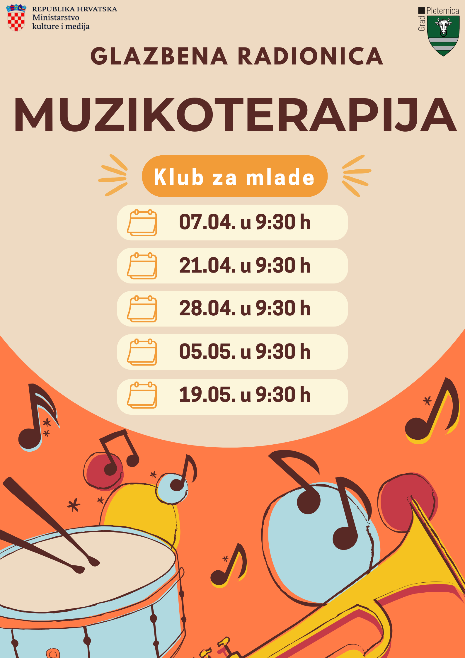 Uz potporu Ministarstva kulture i medija, u Pleternici pokrenut projekt edukativnih glazbenih radionica za najmlađe “Muzikoterapija”